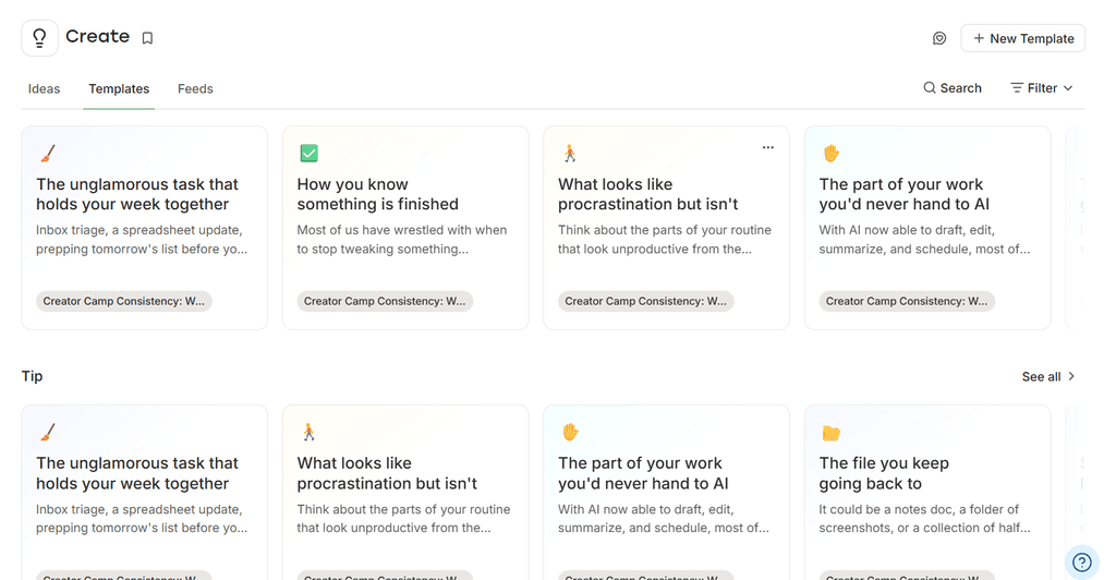 Buffer content creation interface displaying post templates and ideas.