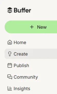 Buffer dashboard sidebar menu showing options for Home, Create, Publish, Community, and Insights.