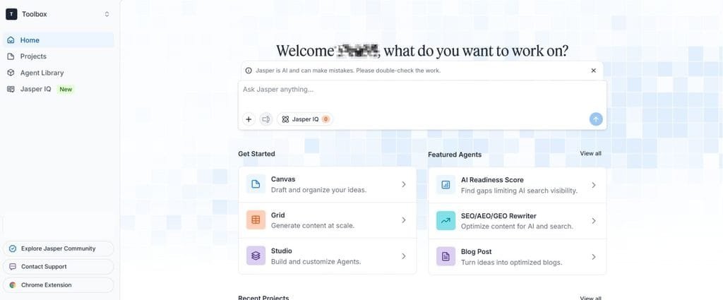 Jasper AI main dashboard interface showing AI Agents, Canvas, and workspace features.