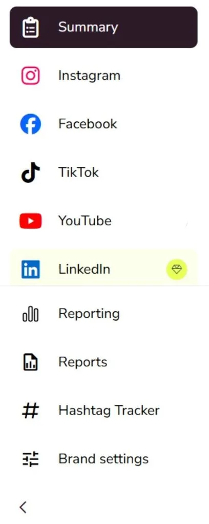 Metricool dashboard sidebar menu displaying links for Summary, Instagram, Facebook, TikTok, YouTube, LinkedIn, Reporting, Reports, Hashtag Tracker, and Brand settings.