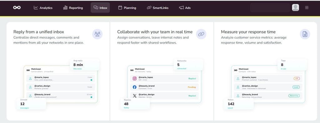 Metricool Inbox dashboard displaying unified messaging features and real-time team collaboration tools.