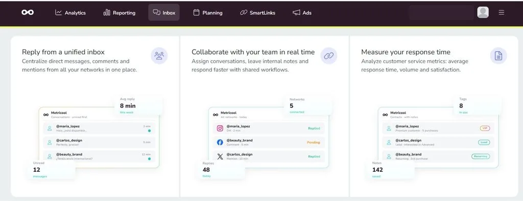 Metricool Inbox dashboard displaying unified messaging features and real-time team collaboration tools.