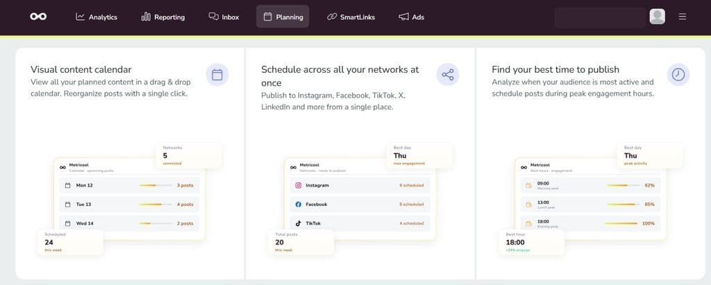 Metricool visual content calendar and scheduling feature dashboard overview.