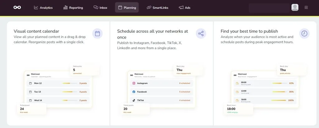 Metricool visual content calendar and scheduling feature dashboard overview.