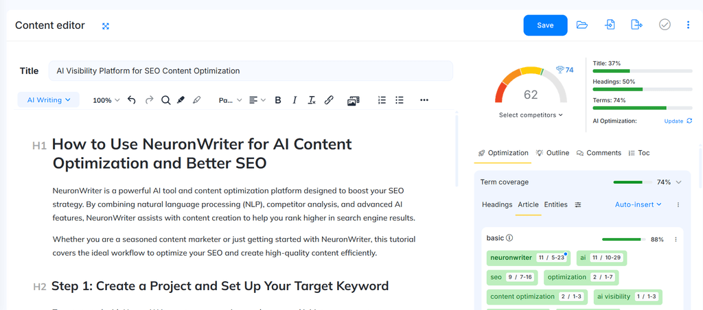 NeuronWriter content editor interface reviewed for SEO content optimization and scoring.