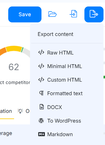 NeuronWriter content export options menu showing HTML, DOCX, and WordPress integration.
