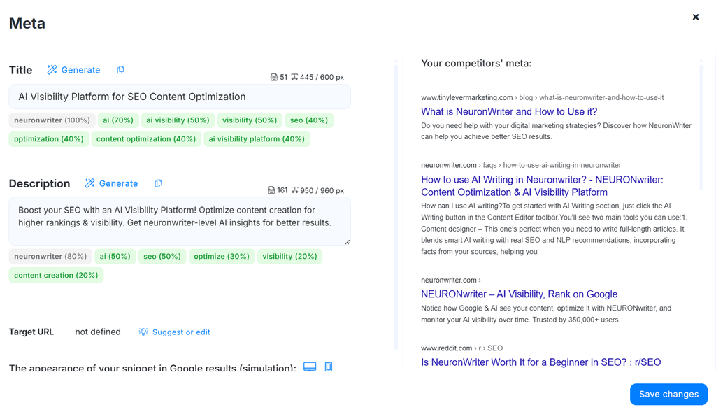 NeuronWriter meta title and description optimization panel with competitor snippets.