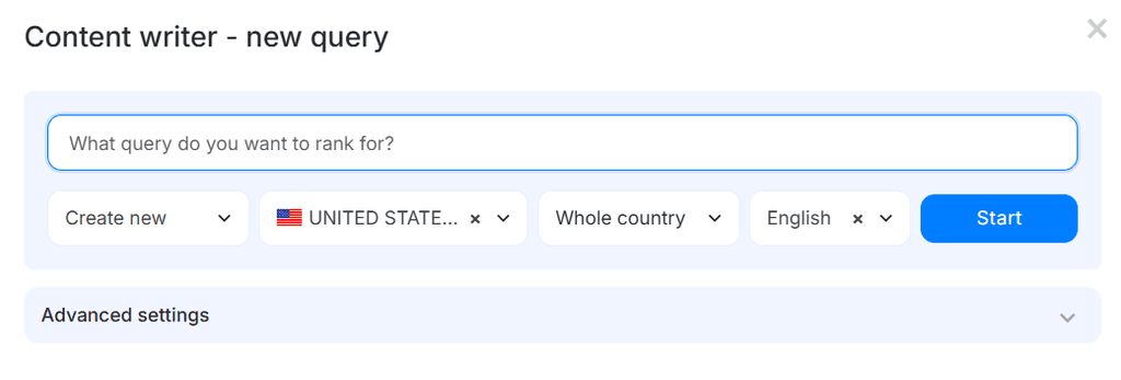 Neuronwriter new query setup targeting the United States search engine.