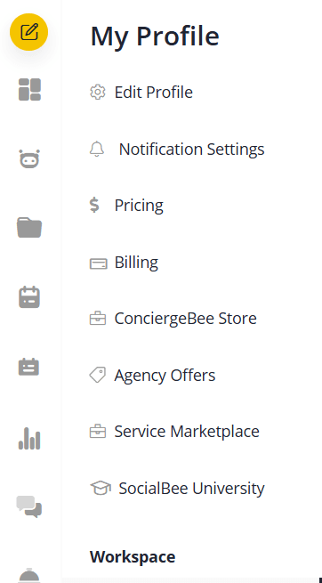 SocialBee My Profile navigation menu showing account settings, billing details, and agency features.