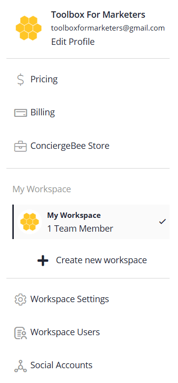 SocialBee account menu showing user profile details, pricing, billing, and workspace settings.