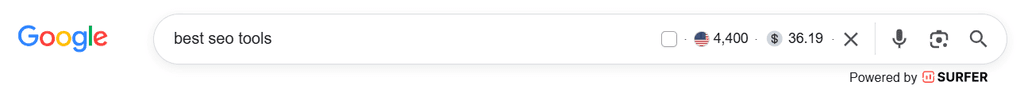 Surfer SEO Chrome extension displaying search volume and keyword metrics in Google search.